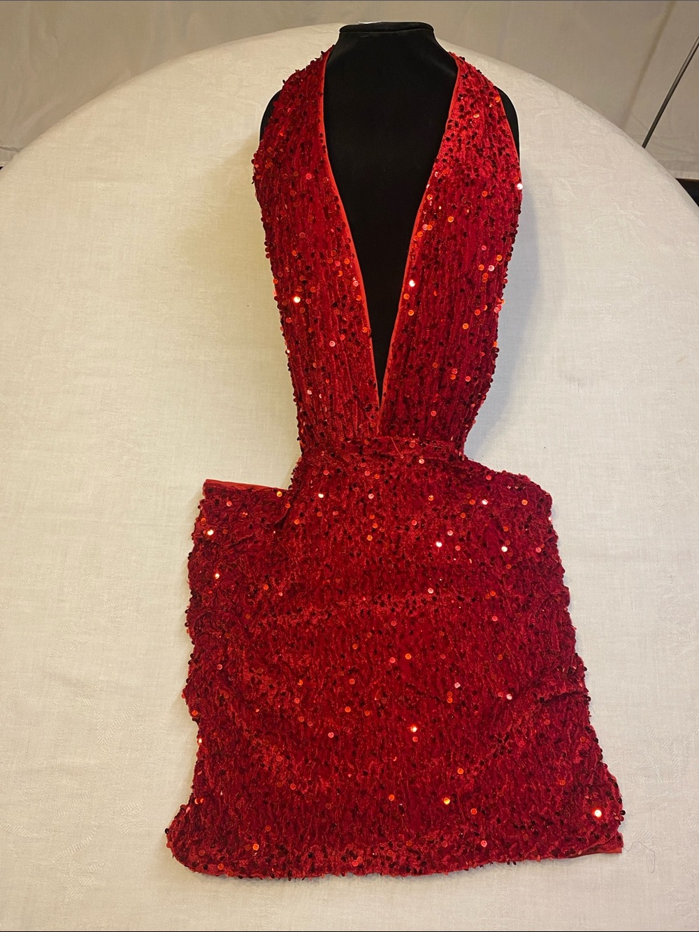 SHEIN  Vibrant Shimmering Red Sequin Plunging Backless Distinct Halter NeckDress